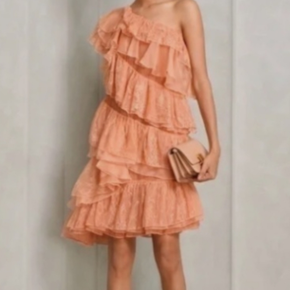 Ulla Johnson Leonnie Roz Quartz One-Shoulder Ruffle Tier Silk Dress Sz 8 Fairy